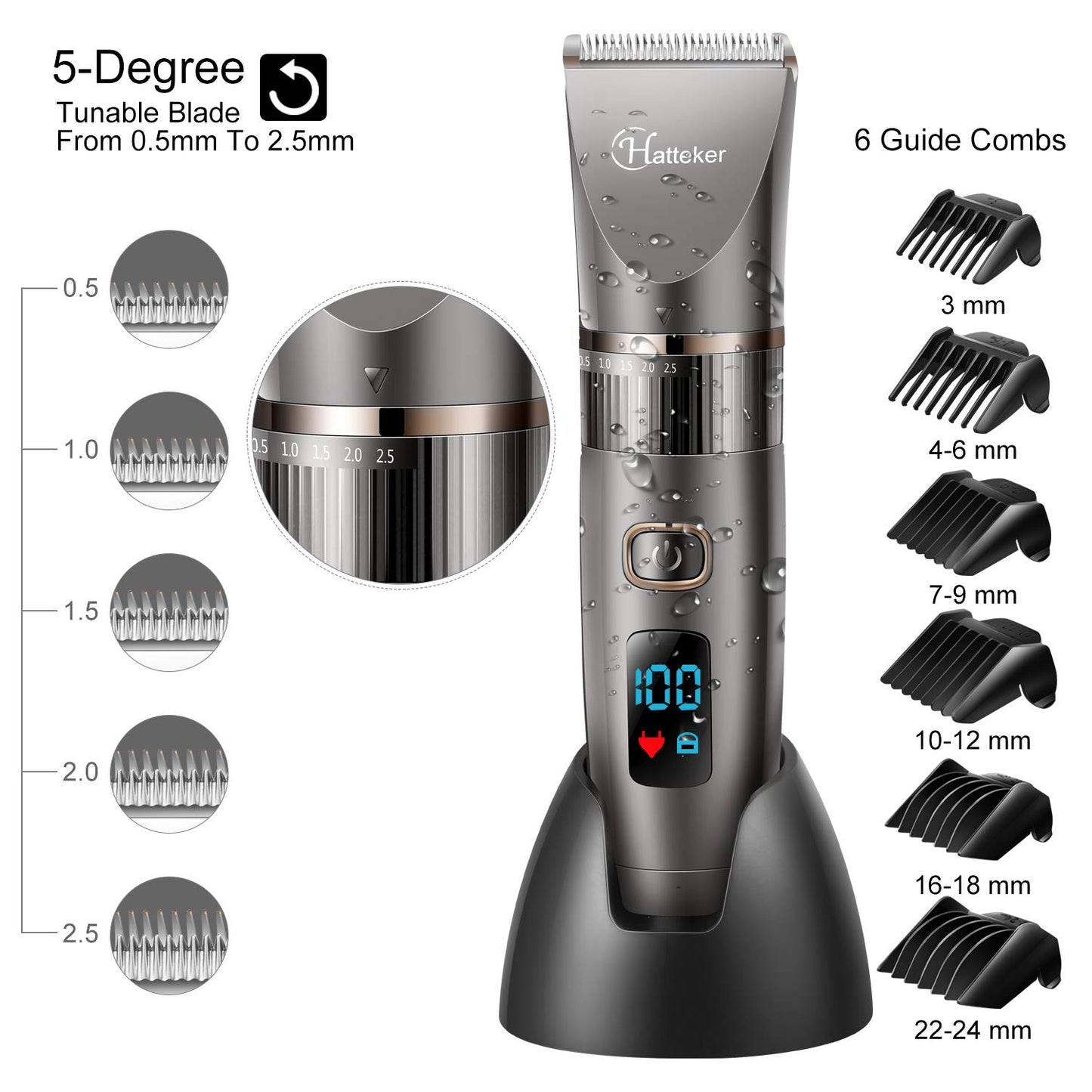 Hatteker Professional Hair Clipper Cordless Clippers Hair Trimmer Beard Trimmer Shaver Detail Trimmer Hair Cutting Kit for Men Waterproof