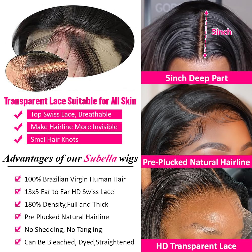 Subella HD Lace Front Wigs Human Hair Pre Plucked Straight 220% Density 13x5 HD Lace Frontal Wig With Baby Hair 12A Transparent Human Lace Wigs For Black Women (26inch)