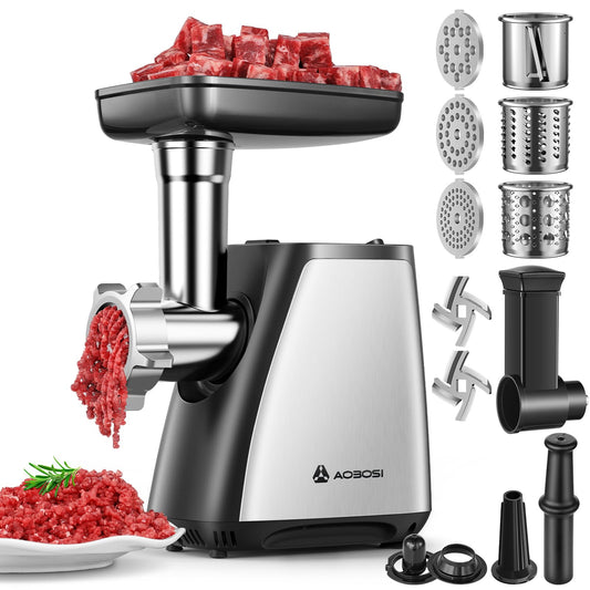 AAOBOSI Electric Meat Grinder, 4-in-1 Meat Mincer Machine [2800W Max] with 3 Slice, Shred Blades, 2 Blades, 3 Plates, Sausage Stuffer, Kubbe Kit, for Home Kitchen Use, Sliver