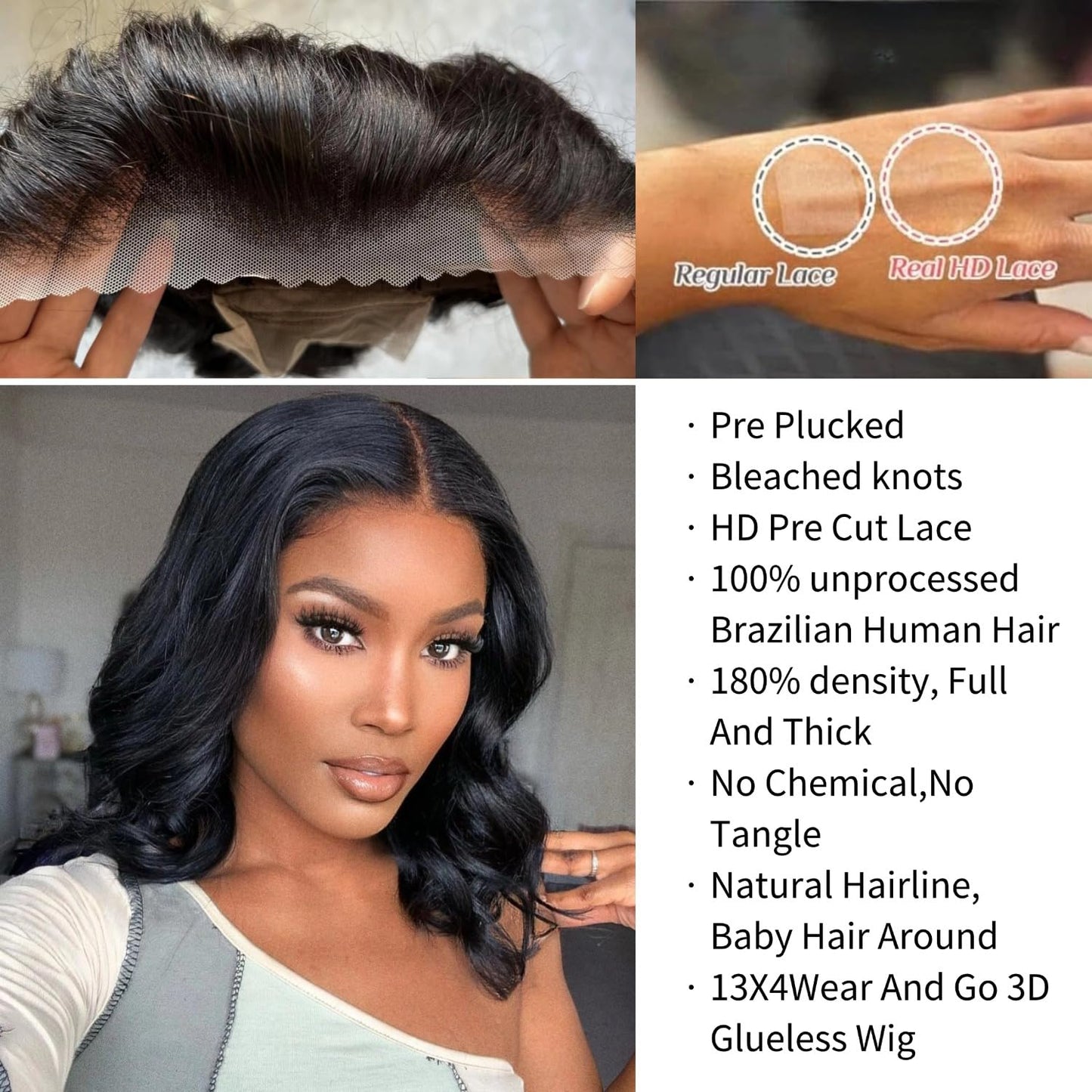 Wear and Go Glueless Wigs Human Hair Pre Plucked Pre Cut 13x4 Bob Wig Human Hair Upgraded No Glue Body Wave HD Lace Front Wigs Human Hair Short Bob Wigs Human Hair for Black Women 12Inch