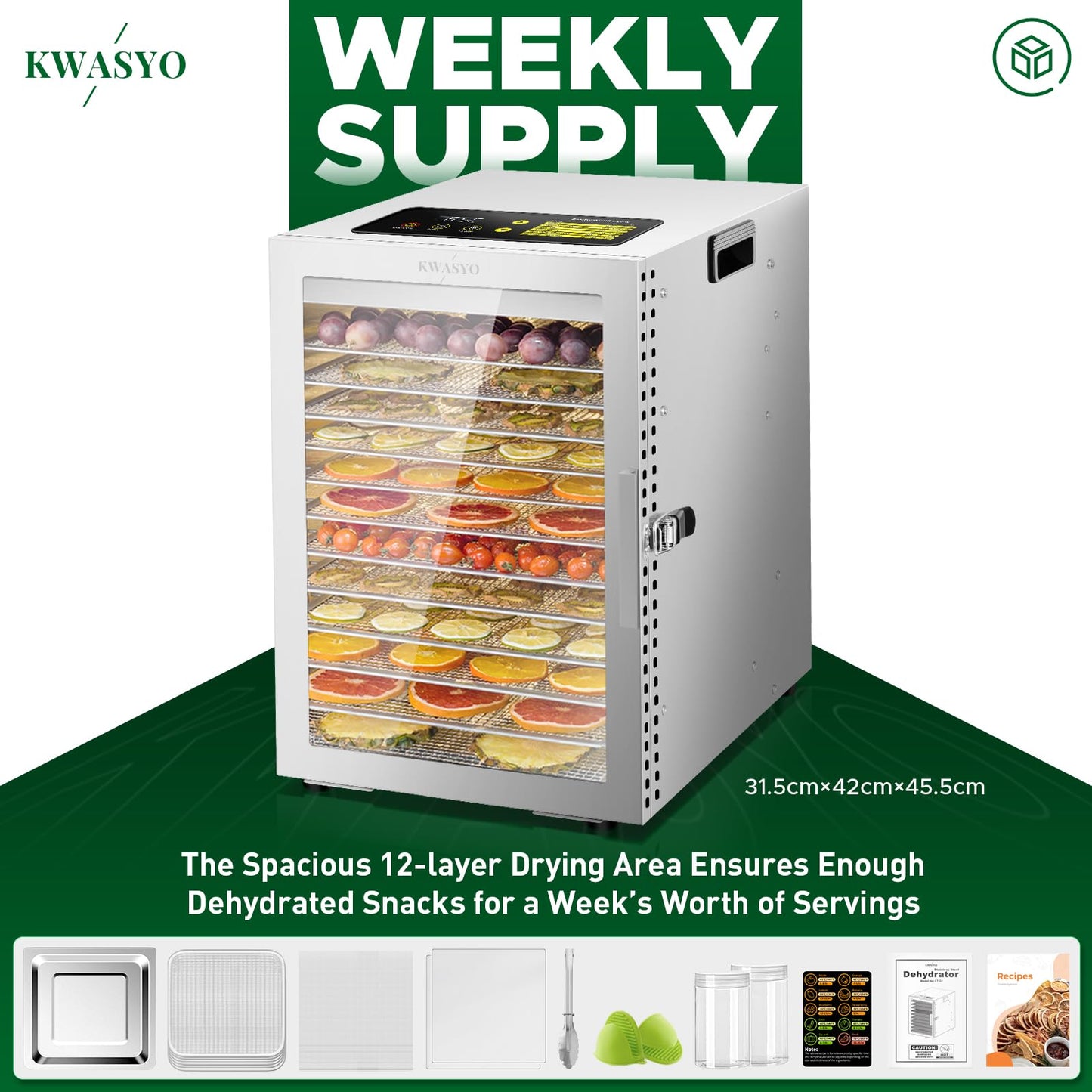 Kwasyo 12 Trays Stainless Steel Food Dehydrator, Dual fan 360° Efficient Drying, 24H Adjustable Timer & 30-90℃ Temperature Control, Overheat Protection, Dehydrator Food Dyer uk for meat fruit, 800W