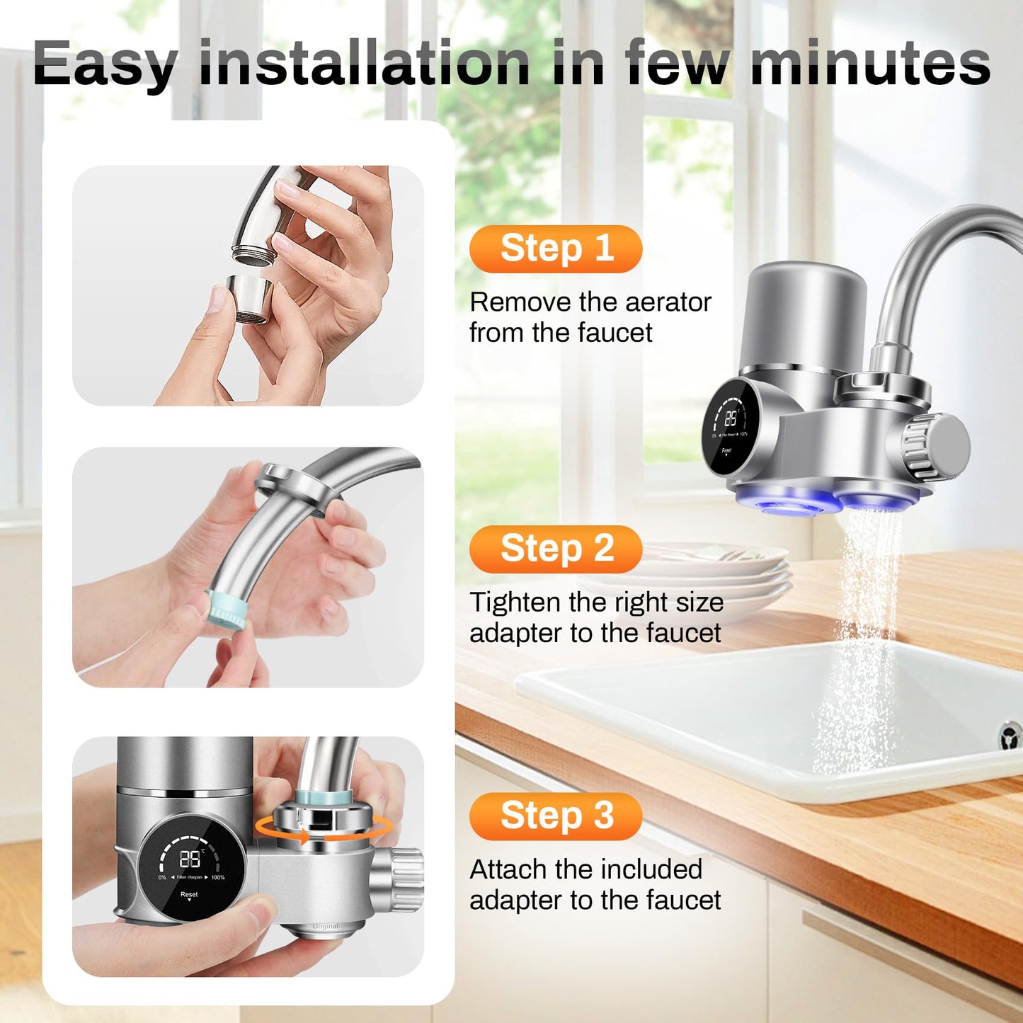 Faucet Mount Water Filtration System, LED Digital Display Faucet Tap Water Filter, NSF Certified to Reduce Chlorine Heavy Metals and Bad Taste w/13 Adapters