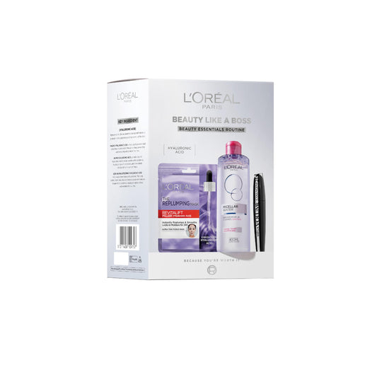 L'Oréal Paris Beauty Like A Boss Gift Set - Revitalift Filler Hyaluronic Acid Mask, Micellar Water & Mega Volume Mascara Brush