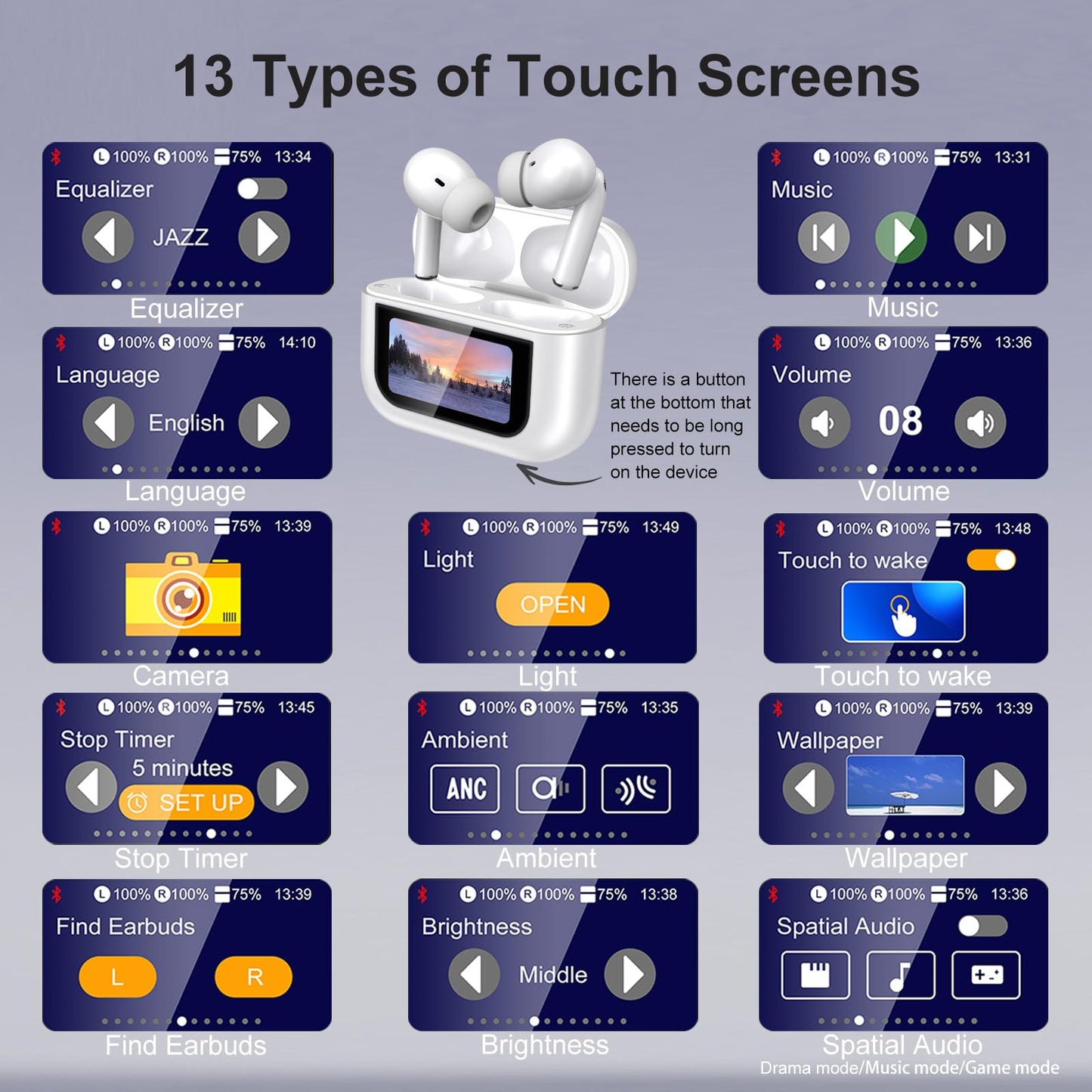 2025 Wireless Earbuds with Touch Screen, IPX7 Waterproof Wireless Earphones, ANC+ENC Noise Cancelling Earbuds, In Ear Buds with Touchsceen, HIFI Stereo, Gym Sleep Sport Bud, Gifts, White