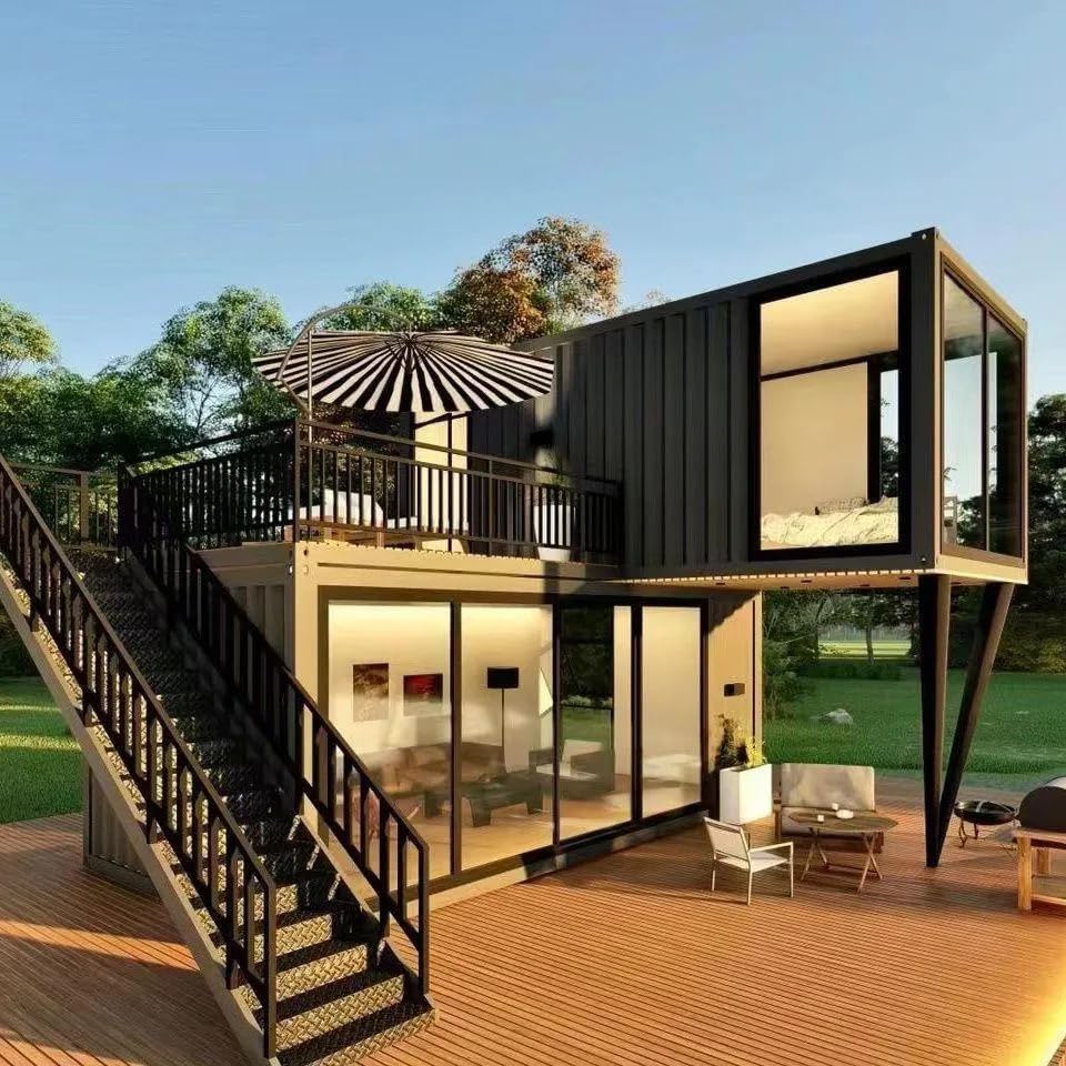 Double-Storey barn Homes, Folding Prefab Tiny House, Expandable Tiny Home for Adults, Portable prefab House with bedrooms, Bathroom, Kitchen | Modular Container Tiny Steel Home Brown Color