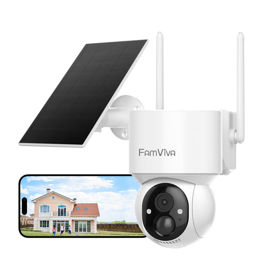 FAMVIVA 2K Solar Security Cameras Wireless Outdoor, 360°PTZ Battery Powered Cameras for Home Security, 2.4G WiFi Outdoor Camera with Color Night Vision, IP66 Waterproof, Motion Sensor Alarm, White