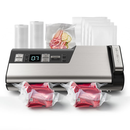 Mesliese Vacuum Sealer Machine, 95kPa 120W One Hand Operation Food Sealer, Double Seal Strip with Build-in Cutter & Countdown Display, 2 Bag Rolls, 5PCS Pre-cut Bags, PULSE & Marinate Enabled