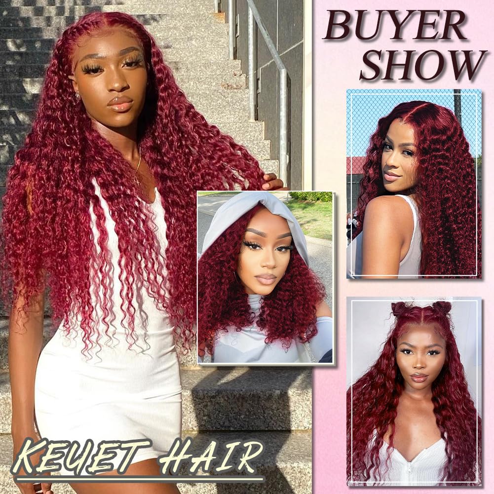 KEUET Burgundy Deep Wave Lace Front Wigs Human Hair 20 Inch 13x4 Wine Red Curly HD Lace Closure Human Hair Wig Pre Plucked with Baby Hair 99j Burgundy Water Wave Wig Human Hair 180% Density for Women