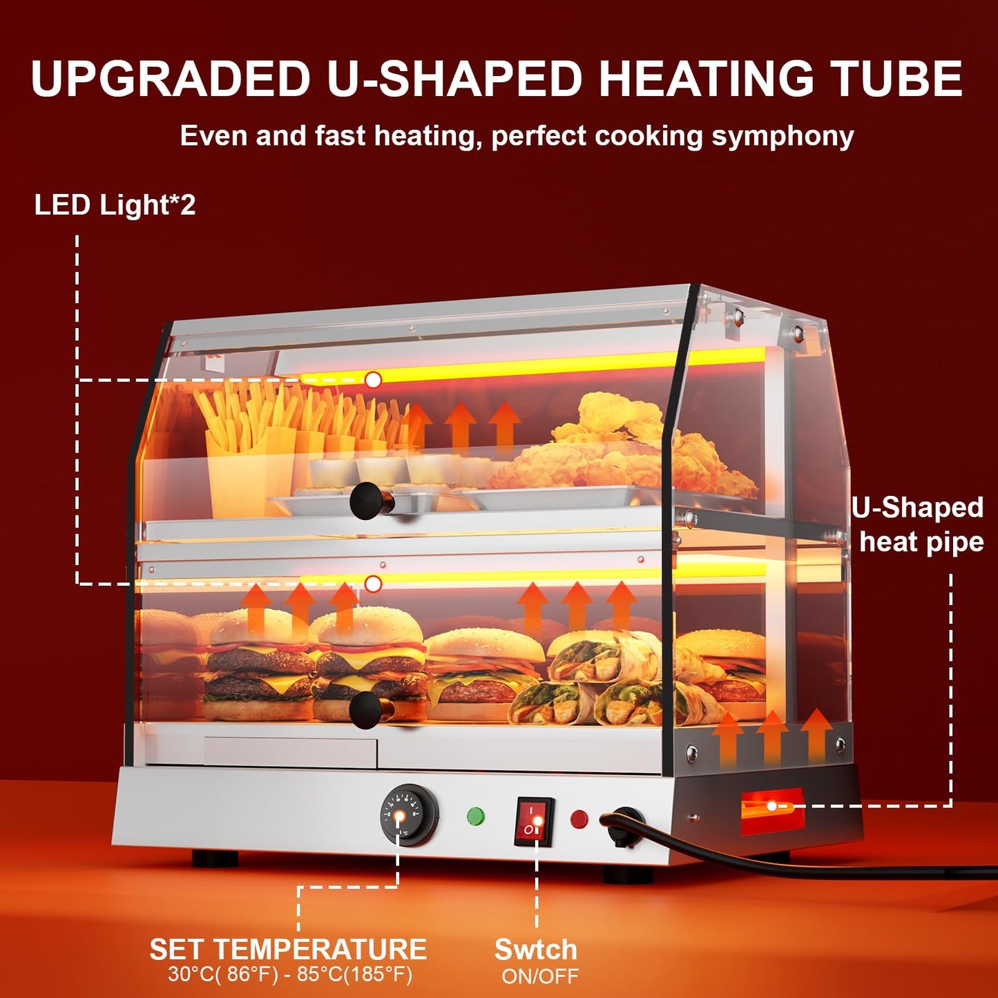TAIMIKO Commercial Food Warmer Cabinet Warmer Display Case Stainless Steel 2 Tiers Pizza Warmer Hot Food Display Pastry Warmer Countertop Heated Warming Showcase Pastry Patty Restaurant