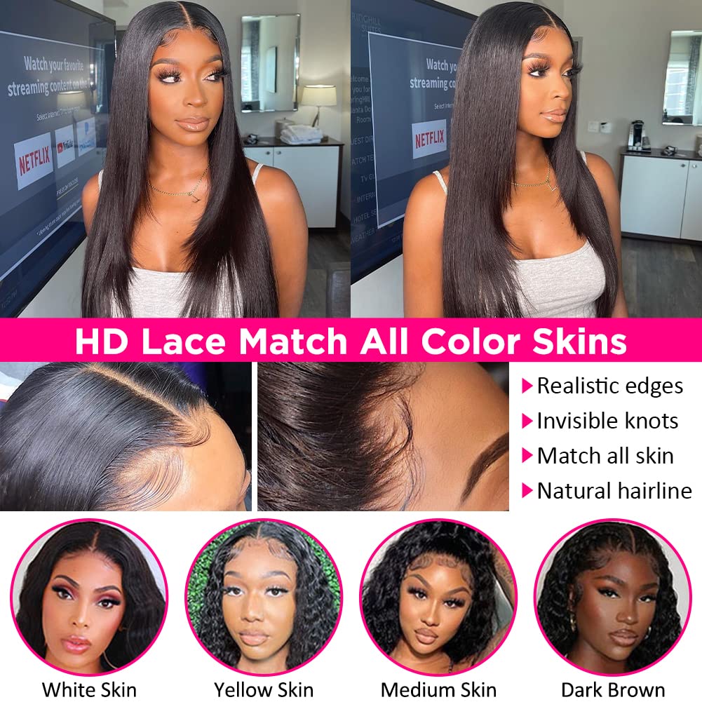 Subella HD Lace Front Wigs Human Hair Pre Plucked Straight 220% Density 13x5 HD Lace Frontal Wig With Baby Hair 12A Transparent Human Lace Wigs For Black Women (26inch)