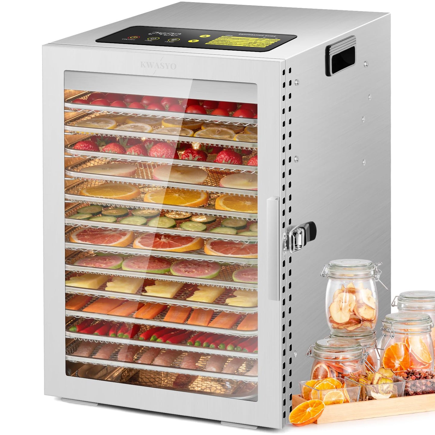 Kwasyo 12 Trays Stainless Steel Food Dehydrator, Dual fan 360° Efficient Drying, 24H Adjustable Timer & 30-90℃ Temperature Control, Overheat Protection, Dehydrator Food Dyer uk for meat fruit, 800W