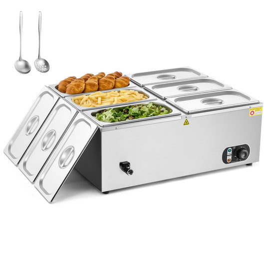 WILPREP Commercial Electric Food Warmer, 36L Large Buffet Server with 6 Pans and Lids for Catering Restaurants Parties, 1500W Stainless Steel Bain Marie with Adjustable Temp & Automatic Shutoff