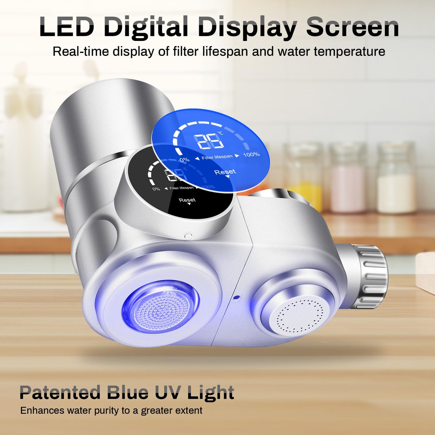 Faucet Mount Water Filtration System, LED Digital Display Faucet Tap Water Filter, NSF Certified to Reduce Chlorine Heavy Metals and Bad Taste w/13 Adapters