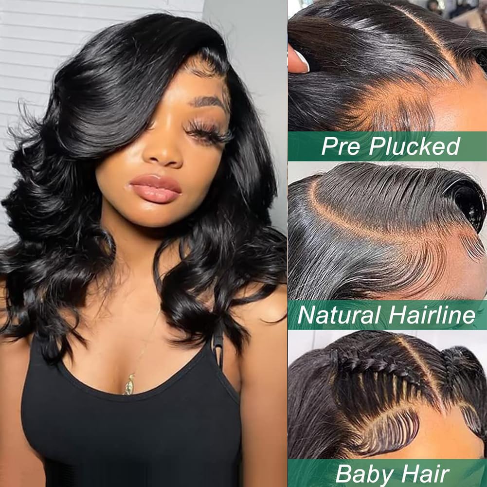 Douyin Bob Wig Human Hair 13x4 Frontal Lace Wig 14 Inch Body Wave 180% Density HD Lace Front Wigs Human Hair Pre Plucked Bob Wigs for Women Human Hair Wigs (14 inch, Natural Black)