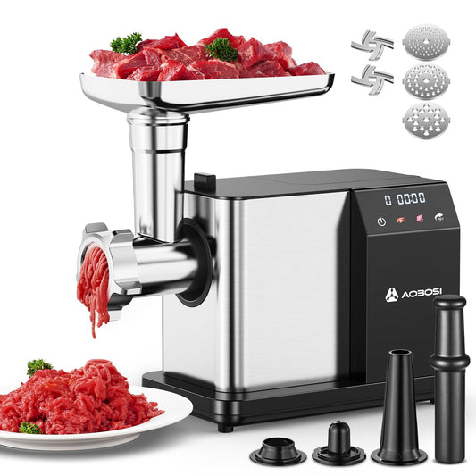 AAOBOSI Electric Meat Grinder [3000W MAX], Meat Mincer with LCD Display & Reverse Function, Sausage Maker with 3 Different Cutting Plates & Kibbe Attachment for Home Use