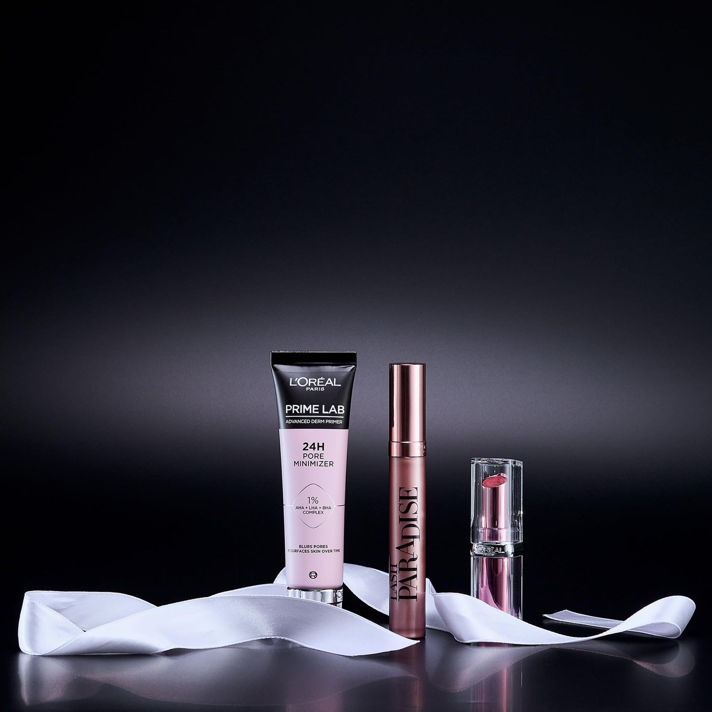 L'Oréal Paris Fresh Face Trio Gift Set â€“ Prime Lab 24H Pore Minimiser Primer, Hydrating Balm-In-Lipstick In 191 Nude Heaven & Lash Paradise Mascara Enriched With Lash-Loving Castor Oil