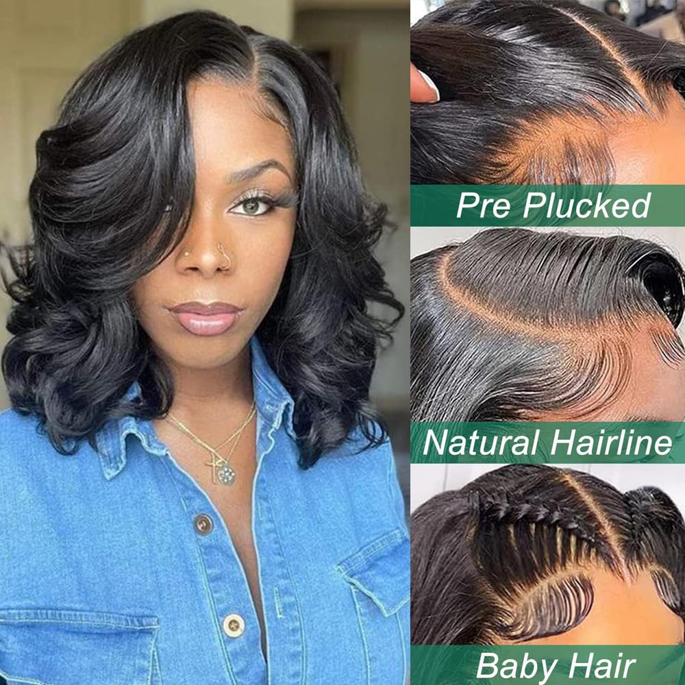 Douyin Bob Wig Human Hair 13x4 Frontal Lace Wig 14 Inch Body Wave 180% Density HD Lace Front Wigs Human Hair Pre Plucked Bob Wigs for Women Human Hair Wigs (14 inch, Natural Black)