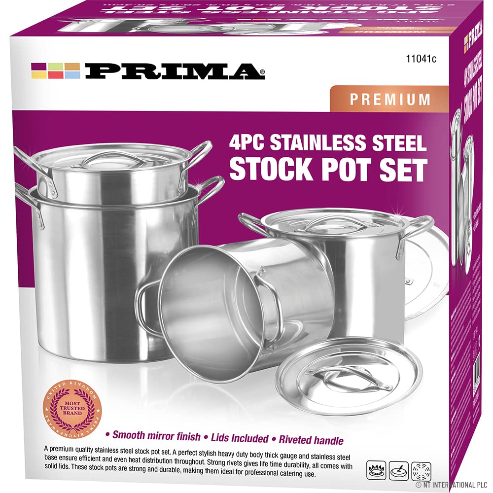 4pc Large Stainless Steel Catering Deep Stock Pots - Soup Boiling Pot | Easy to Clean | Handles for Easy Transporting | Suitable for Kitchen, Catering & Restaraunts | Durable & Long Lasting