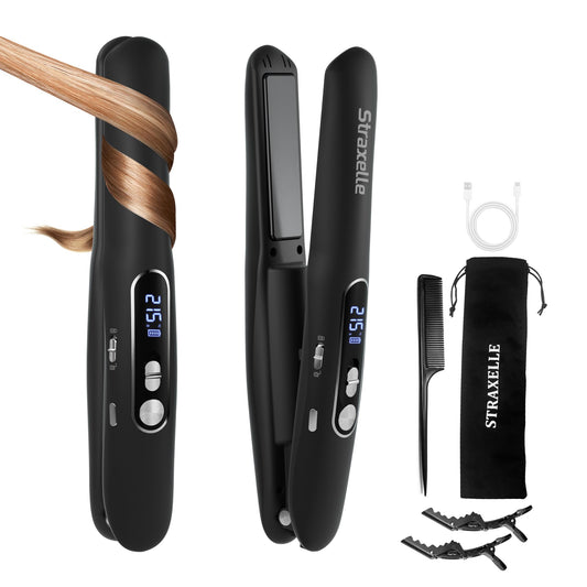 Straxelle Mini Cordless Hair Straighteners, 2 in 1 Portable Flat Iron and Curler Adjustable Temp 175℃-215℃ Mini Straightener with LED Display,5000mAh Travel Straightener for Women Men (Black)