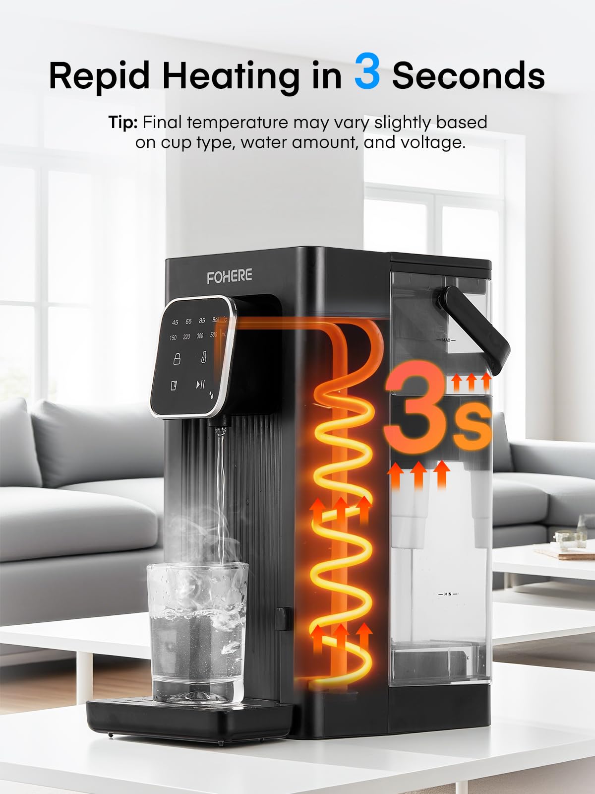 Instant Hot Water Dispenser, 4 Temp Settings (45°C-100°C),4 Volume Options(150ml-500ml), Digital Touch Screen One Cup Kettl, 2.5L Removable Tank, Safety Lock, for Hot Drinks and Tea