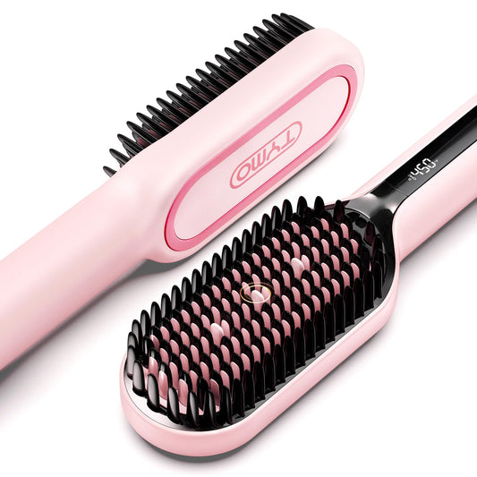 TYMO Ionic Plus Hair Straightener Brush UK, Upgraded Straightening Brush with Dense Bristles for Thick Hair, 16 Temps (80℃~230℃) LED Display, 10 Million ions, Dual Voltage, Hot Brush for Women (Pink)
