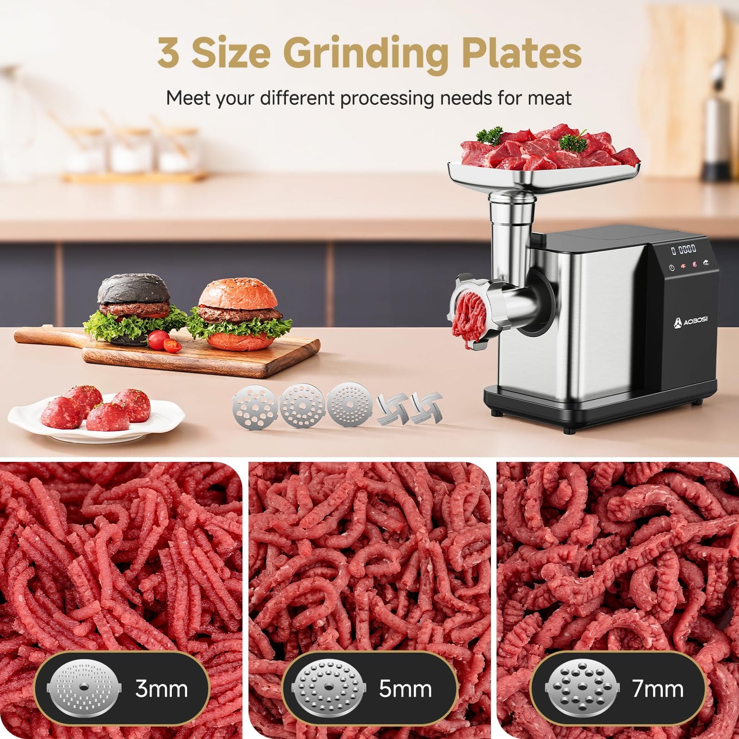 AAOBOSI Electric Meat Grinder [3000W MAX], Meat Mincer with LCD Display & Reverse Function, Sausage Maker with 3 Different Cutting Plates & Kibbe Attachment for Home Use