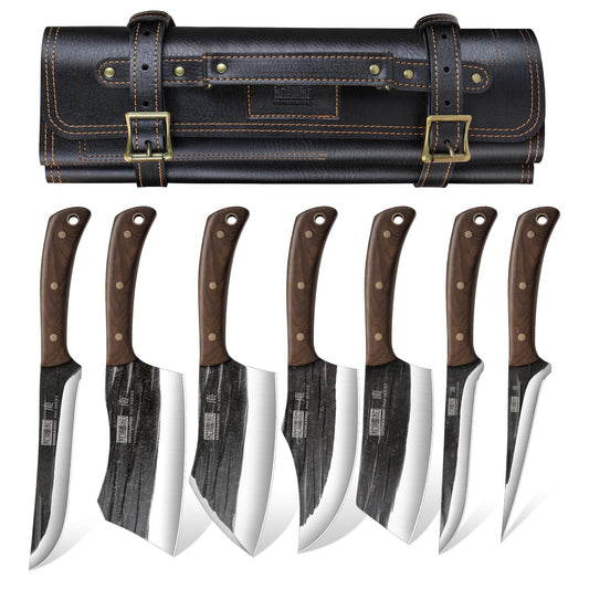 HOSHANHO Butcher Knife Set, Hand Forged Butcher Chef Knife Set with Roll Bag, Sharp Meat Cleaver Bone Chopper Fillet Knife for Home & Camping & BBQ Gift for Men
