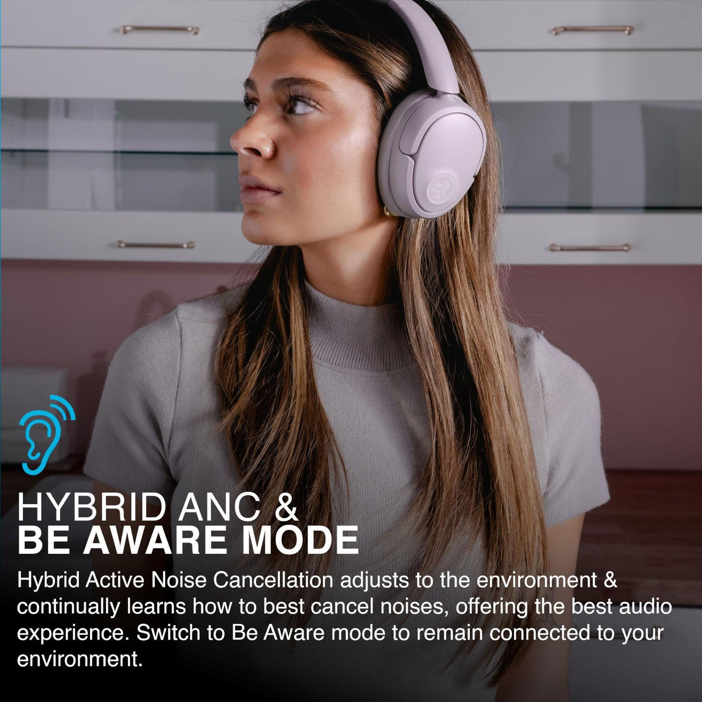 JLab JBuds LUX ANC Smart Active Noise Cancelling Headphones - Wireless Over Ear Headphones with Microphone, 70+ H Playtime Foldable Bluetooth Earphones with Multipoint & Customisable Sound, Mauve