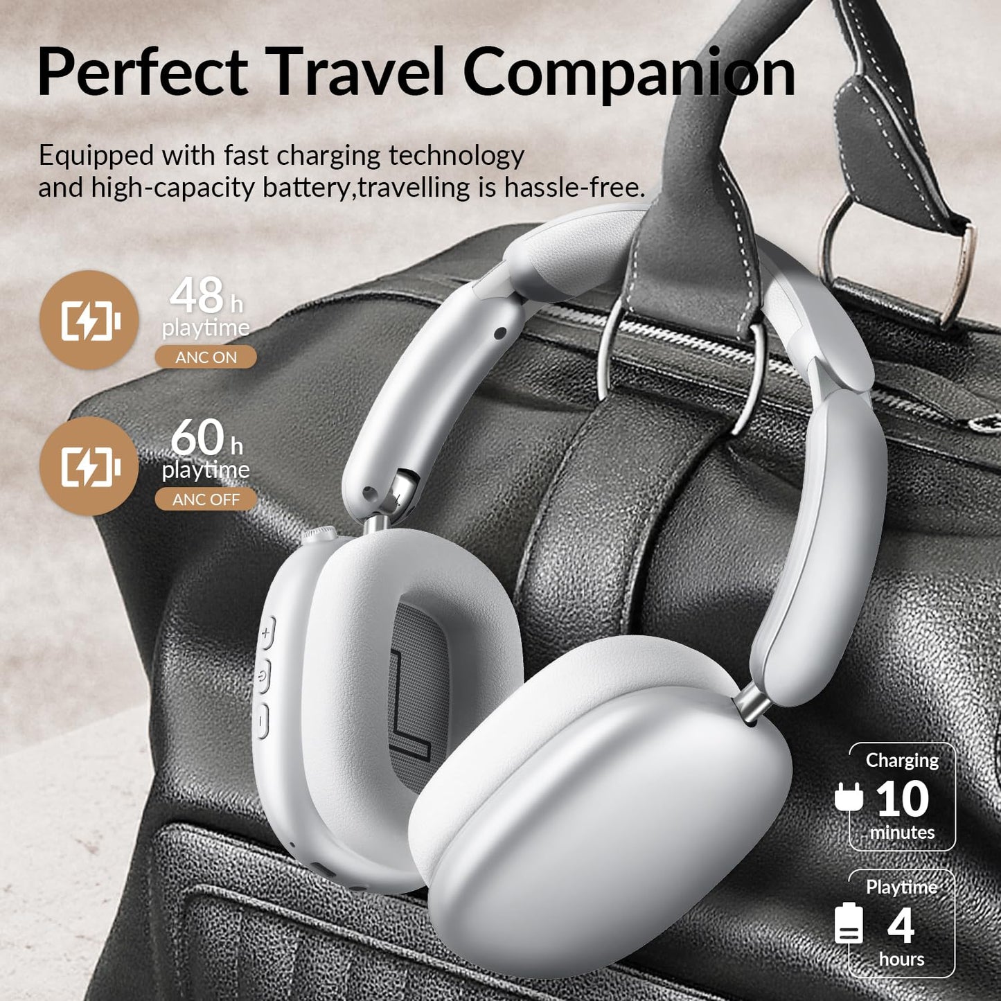 Wentronic Y02 Hybrid Active Noise Cancelling Headphones,60H Battery,5 EQ Music Modes,Hi-Res Audio,Deep Bass,Foldable Wireless Over Ear Bluetooth 5.4 Headset,Breathable Leather Earpads (Silver)