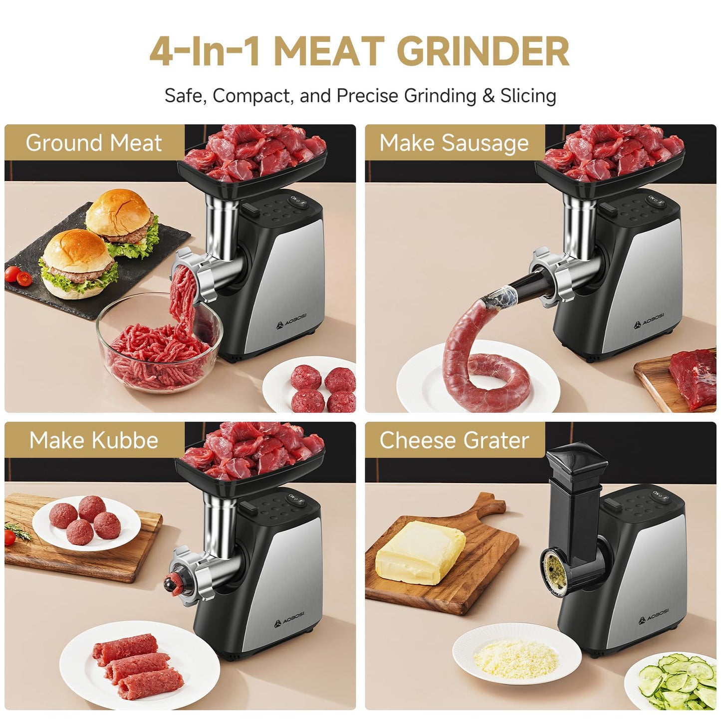 AAOBOSI Electric Meat Grinder, 4-in-1 Meat Mincer Machine [2800W Max] with 3 Slice, Shred Blades, 2 Blades, 3 Plates, Sausage Stuffer, Kubbe Kit, for Home Kitchen Use, Sliver