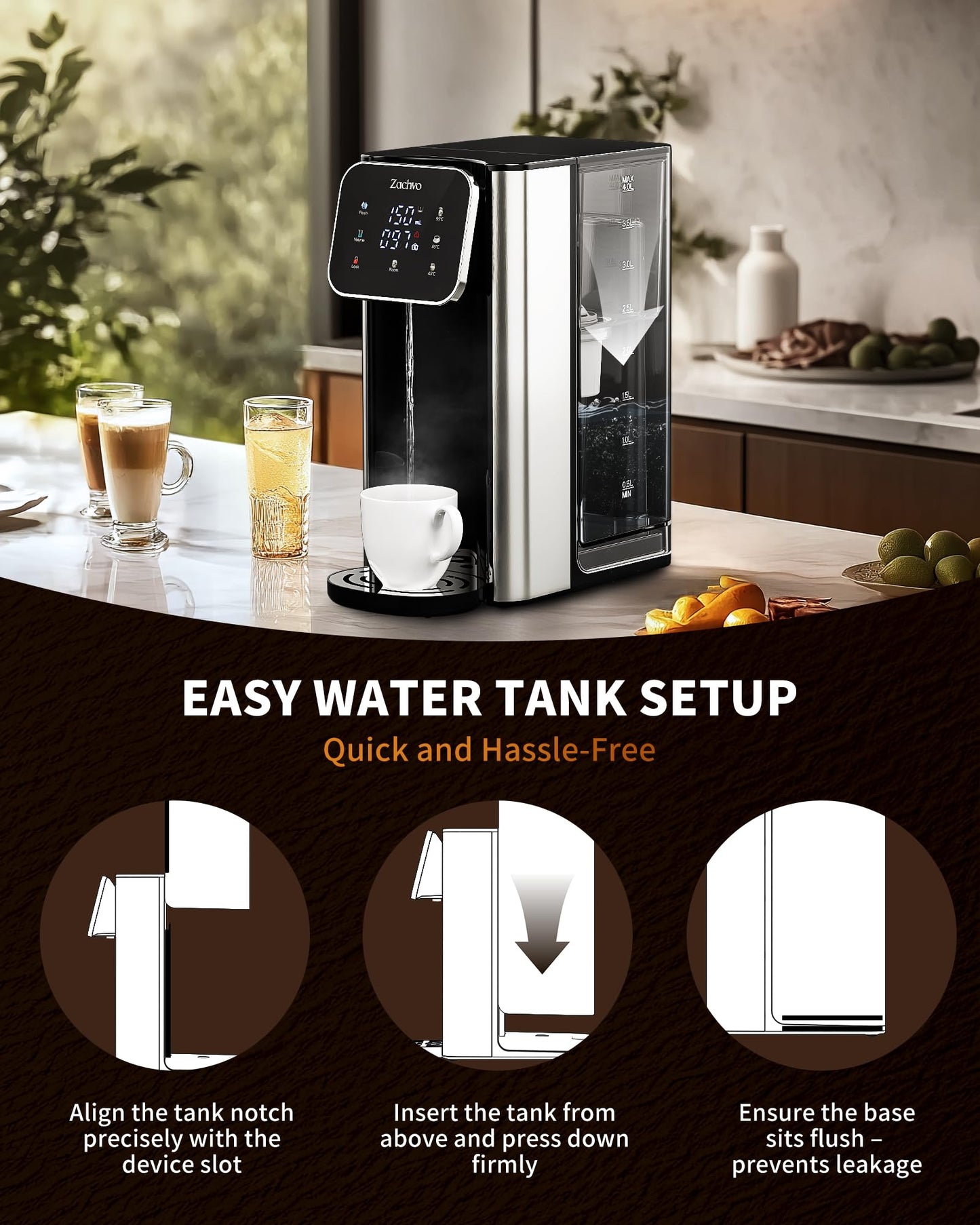 ZACHVO Hot Water Dispenser UR05 with Filter, 2200W Fast Heating, 4 Temperature Settings, 4L Removable Tank, 3 Water Volume Options, Compact & Energy Efficient, Ideal for Kitchen, Office & Home