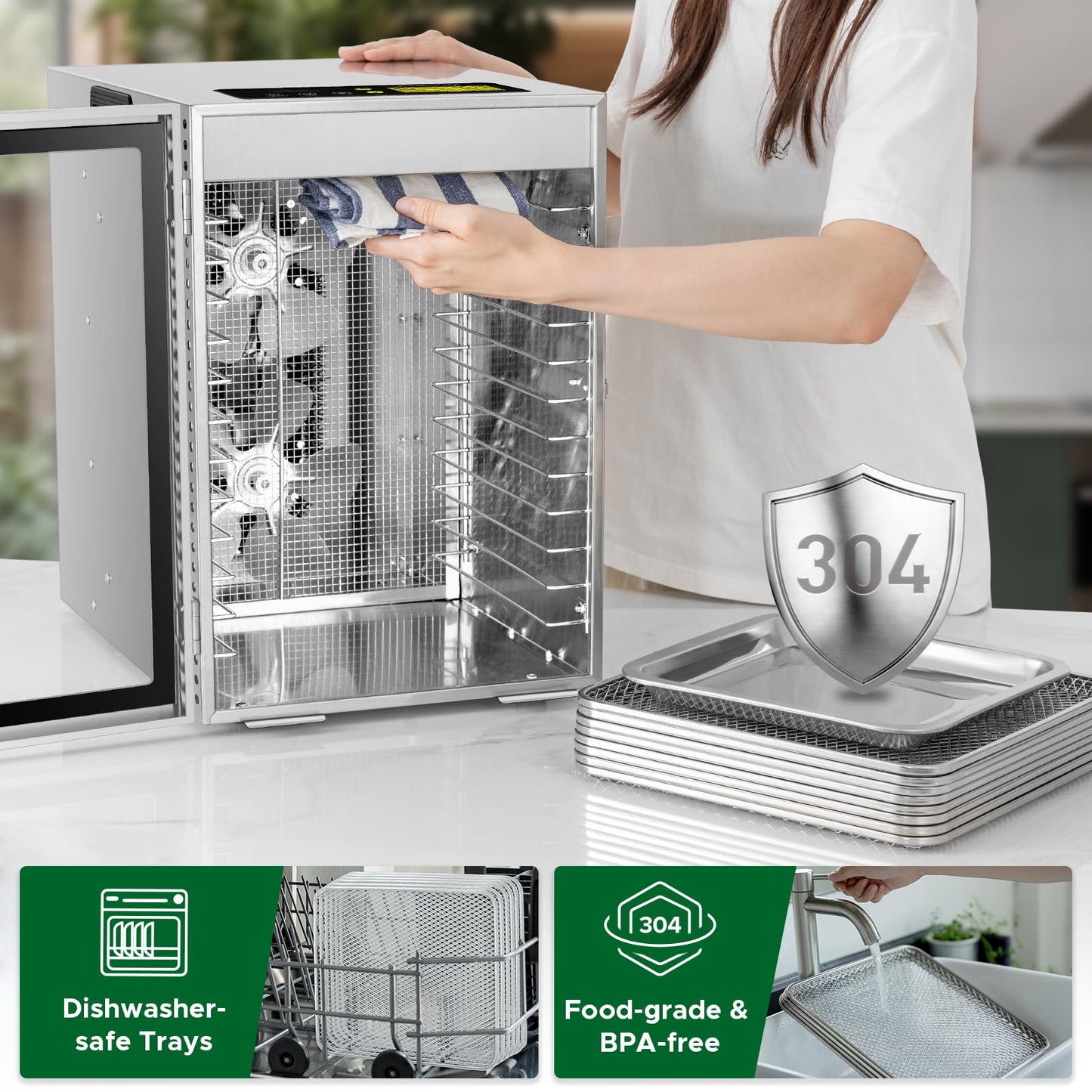 Kwasyo 12 Trays Stainless Steel Food Dehydrator, Dual fan 360° Efficient Drying, 24H Adjustable Timer & 30-90℃ Temperature Control, Overheat Protection, Dehydrator Food Dyer uk for meat fruit, 800W