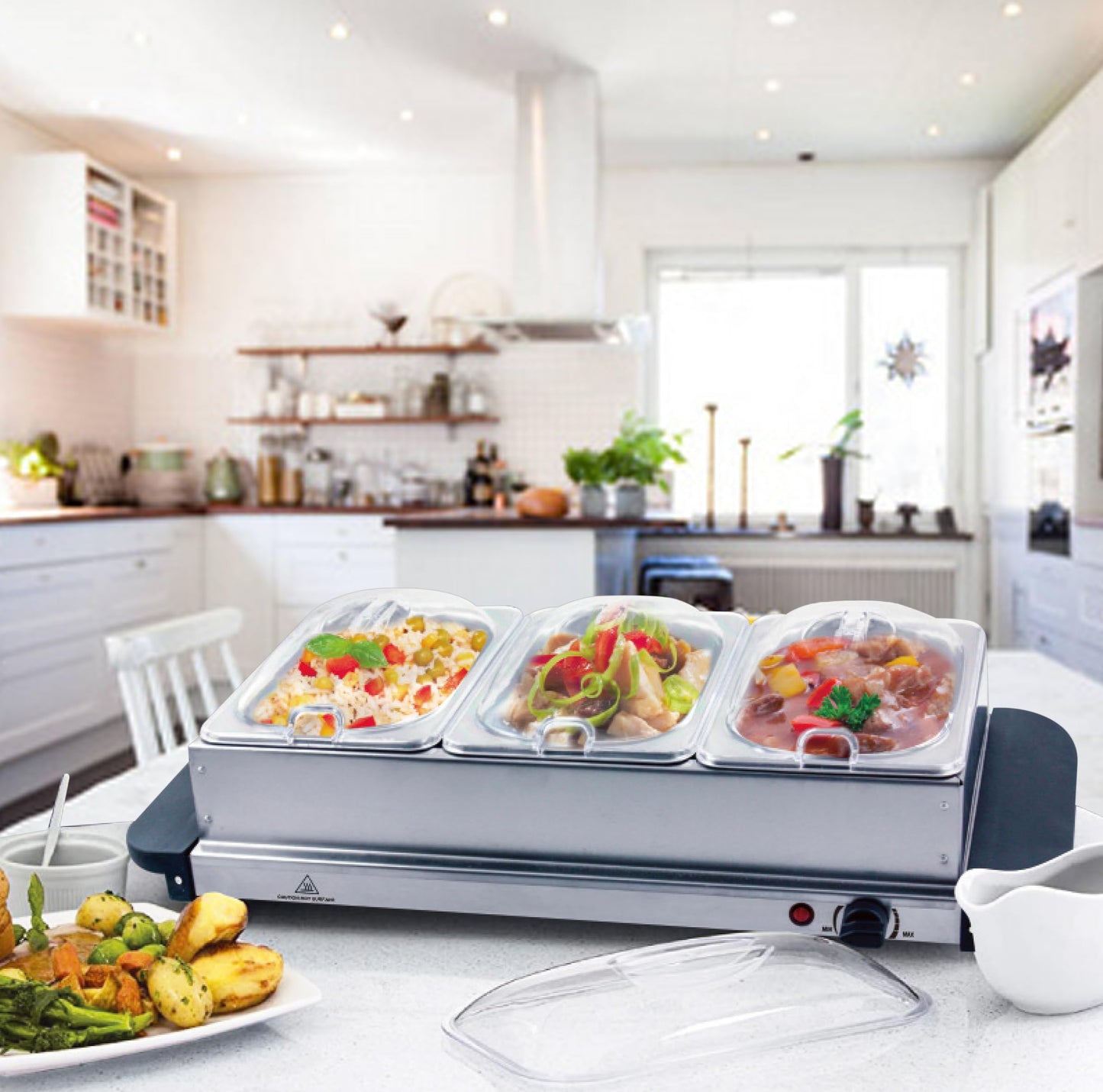 Vintage Gourmet® 3 Tray Food Warmer, All in One Buffet Server with Warming Plate Function,Turkey & Vegetables, Keeps Food Warm 200W, Temperature Control, Cool-Touch Handles Easy Portability 3 x 1.5L
