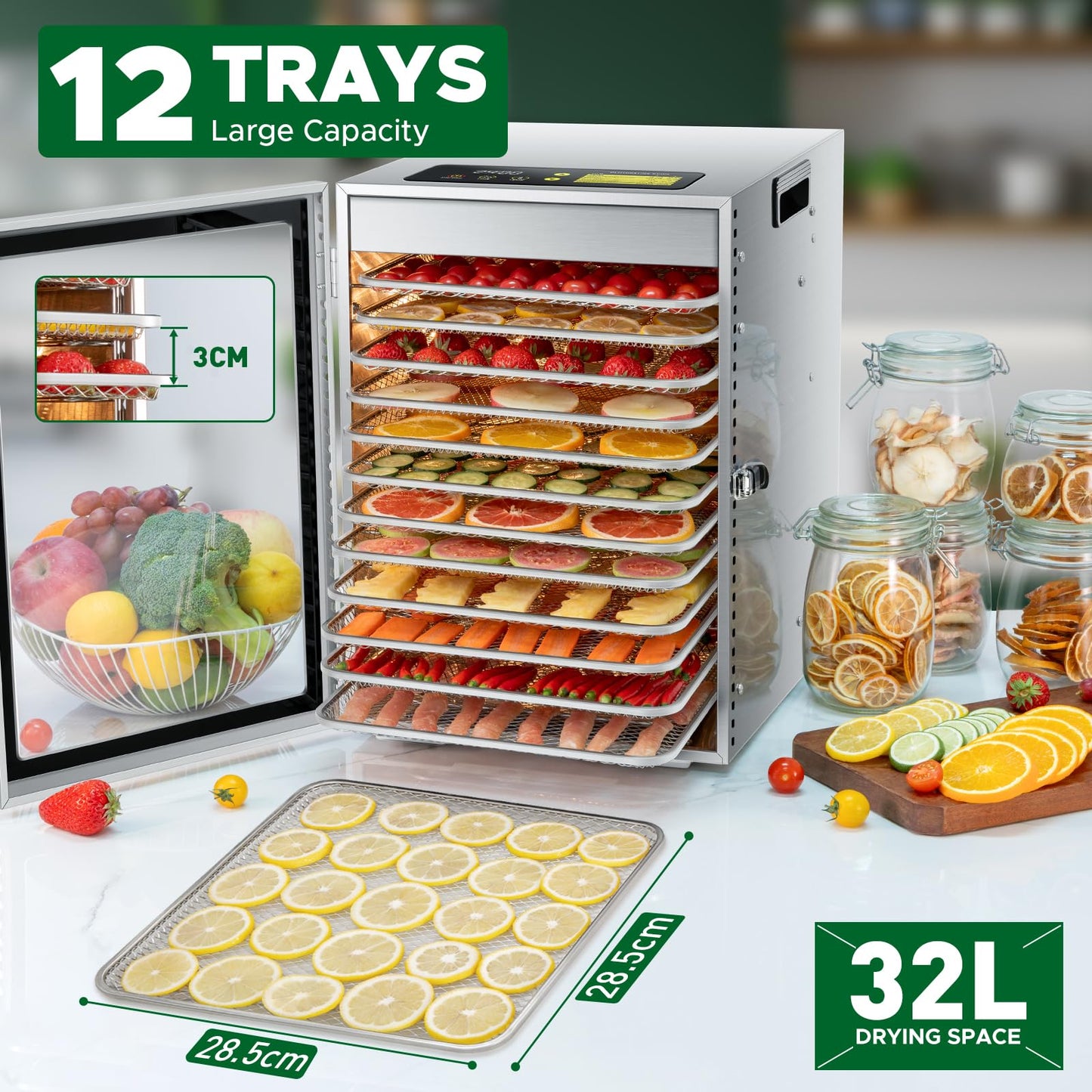 Kwasyo 12 Trays Stainless Steel Food Dehydrator, Dual fan 360° Efficient Drying, 24H Adjustable Timer & 30-90℃ Temperature Control, Overheat Protection, Dehydrator Food Dyer uk for meat fruit, 800W