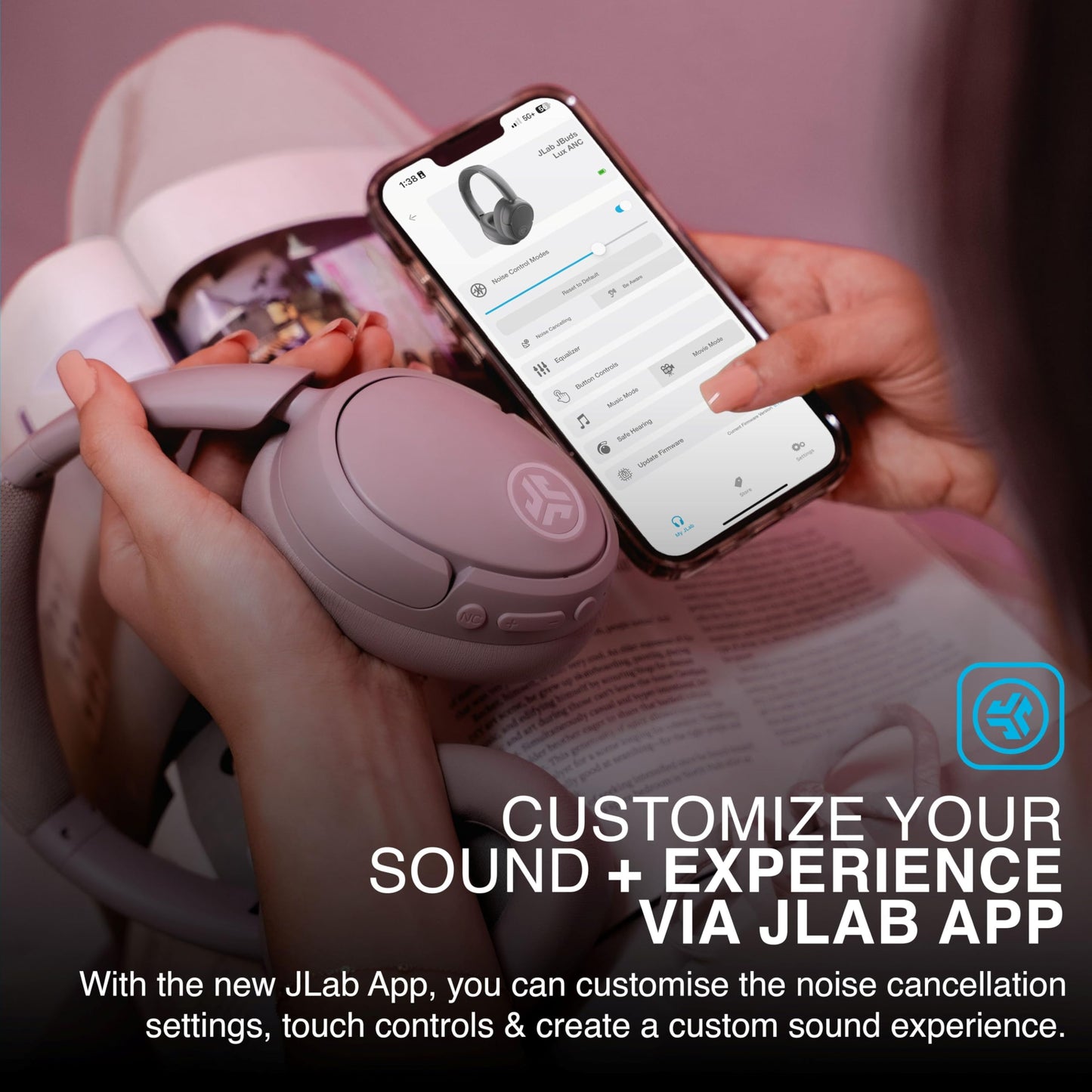 JLab JBuds LUX ANC Smart Active Noise Cancelling Headphones - Wireless Over Ear Headphones with Microphone, 70+ H Playtime Foldable Bluetooth Earphones with Multipoint & Customisable Sound, Mauve