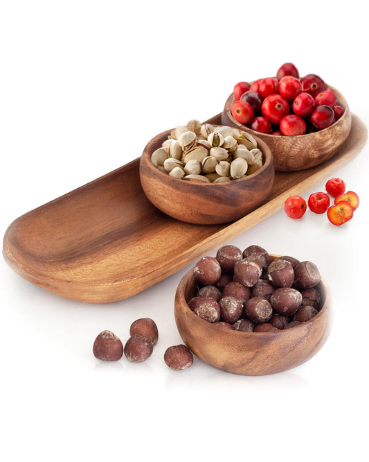 cintika Hand-Carved Set of 4 Acacia Calabash Bowls with Baguette Tray. Durable Wooden Bowl Set. Snack, nut, dip bowl. - Wooden Dinnerware set. 4" Round Wooden Bowls - 13" Wooden Tray