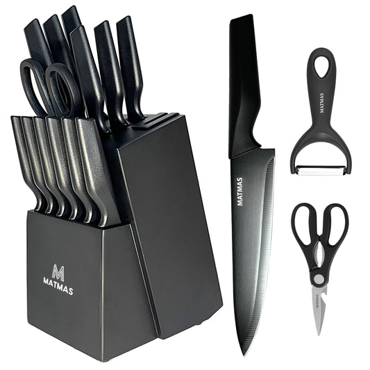MATMAS Kitchen Knife Set with Block, 15 Pieces with Built-in Sharpener, Carbon Stainless Steel Knives, Culinary Excellence