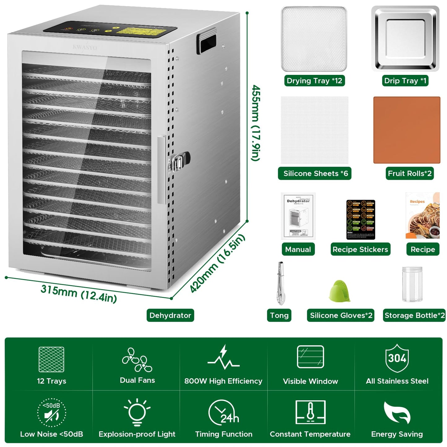 Kwasyo 12 Trays Stainless Steel Food Dehydrator, Dual fan 360° Efficient Drying, 24H Adjustable Timer & 30-90℃ Temperature Control, Overheat Protection, Dehydrator Food Dyer uk for meat fruit, 800W