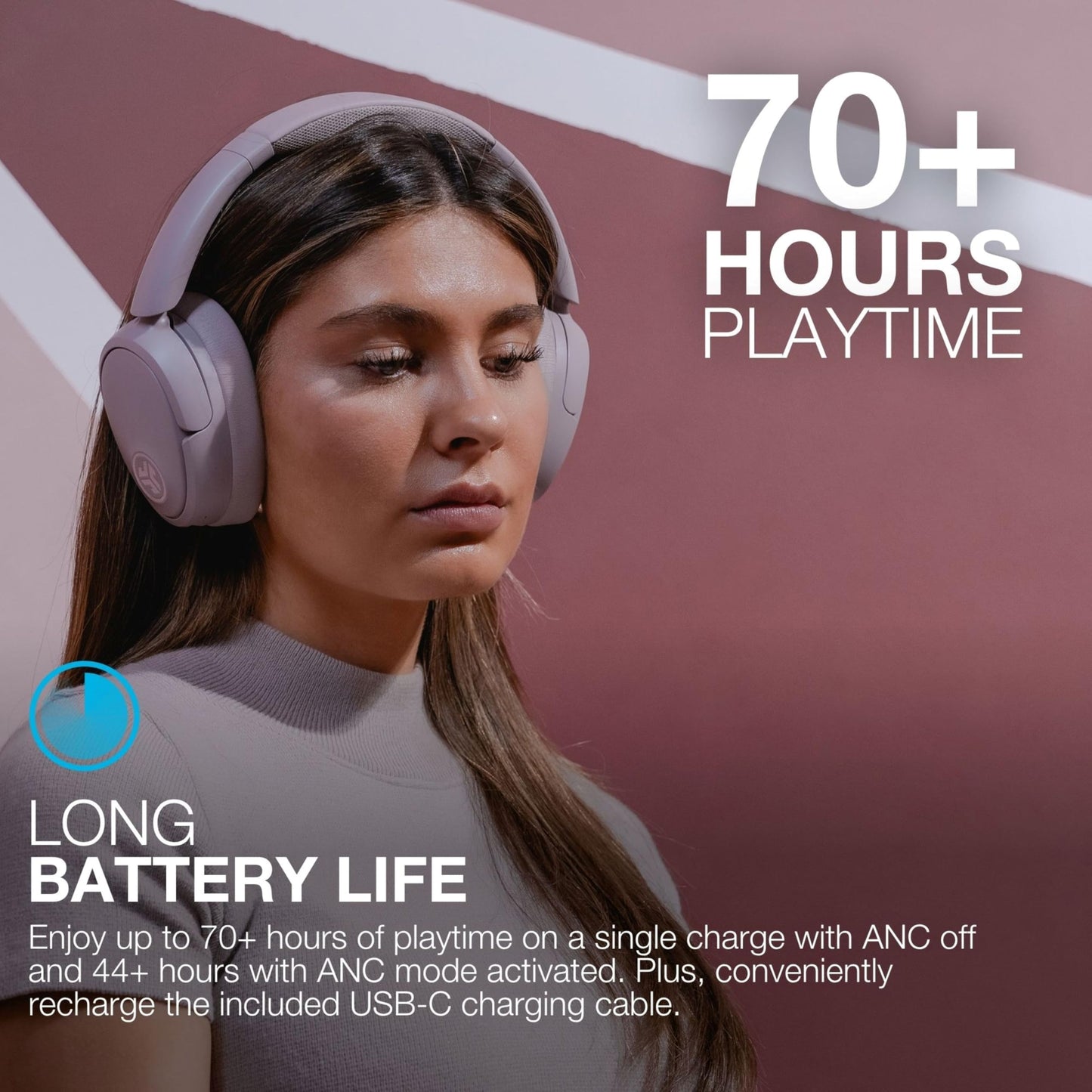 JLab JBuds LUX ANC Smart Active Noise Cancelling Headphones - Wireless Over Ear Headphones with Microphone, 70+ H Playtime Foldable Bluetooth Earphones with Multipoint & Customisable Sound, Mauve