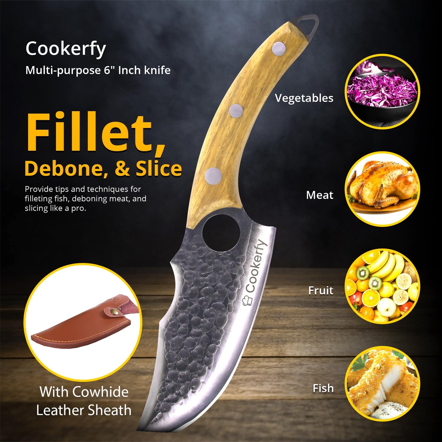 Cookerfy Japanese Style 6" Butcher Knife - Razor Sharp Chef Knife with Ergonomic Grip & Genuine Cowhide Leather Sheath - High Carbon 5cr15 Steel Blade with Rosewood Handle - Kitchen Accessories