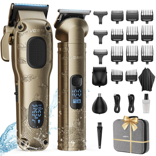 Vgrpro Hair Clippers Men Professional,Mens Clippers and Trimmers Set, USB Rechargeable Cordless Hair Clippers for Hair Cutting, Electric T-Blade Hair Trimmer for Men with Package Box (Gloden)