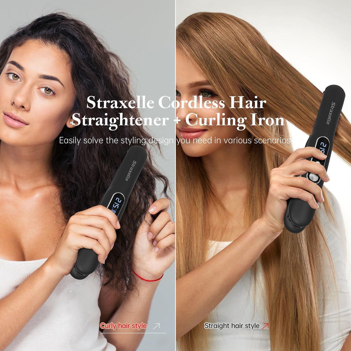 Straxelle Mini Cordless Hair Straighteners, 2 in 1 Portable Flat Iron and Curler Adjustable Temp 175℃-215℃ Mini Straightener with LED Display,5000mAh Travel Straightener for Women Men (Black)