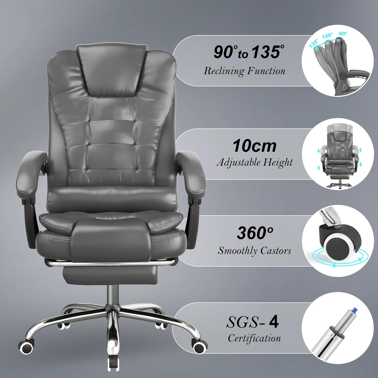 Blisswood Office Chair, Computer Desk Chairs with Lumbar Support, Ergonomic Office Chair with Footrest, Adjustable Height, 135° Recline Tilt Function 360° Swivel for Home Office Working (Grey)