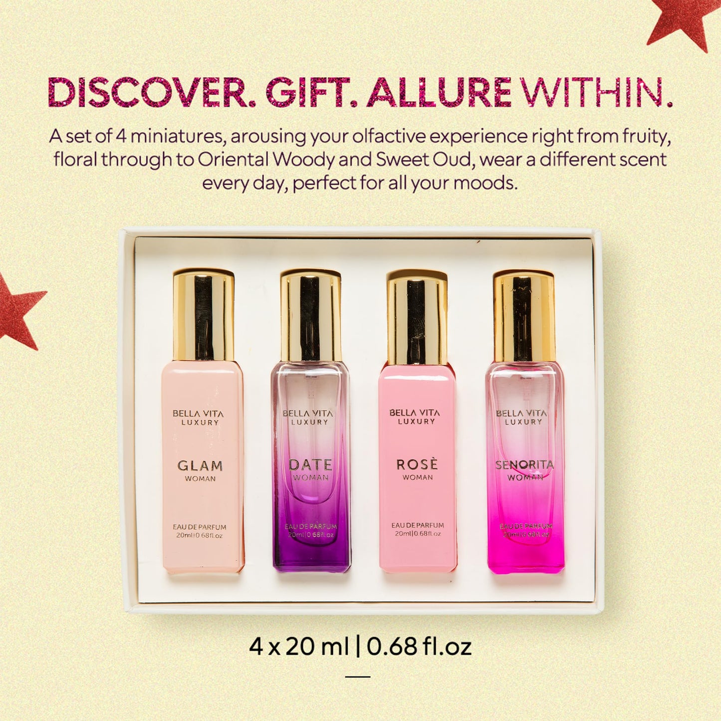 BellaVita Luxury Perfume Gift Set for Women (4x20ml) | DATE, SENORITA, GLAM, ROSE | Sweet Floral, Musk & Vanilla Perfumes | Sweet Cologne Perfume for Women | Women's Cologne & Perfume Gift Sets