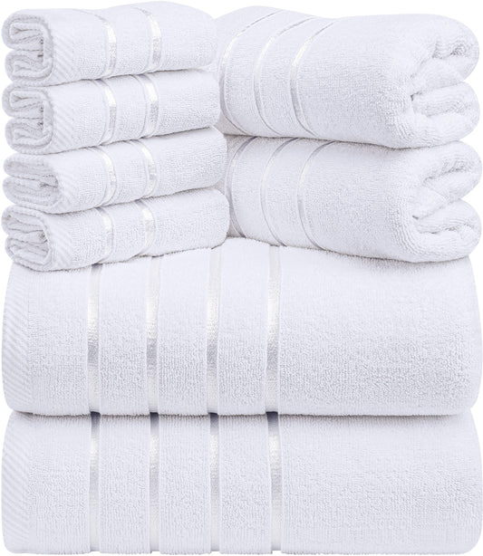 Utopia Towels 8-Piece Luxury Towel Set, 2 Bath Towels, 2 Hand Towels, and 4 Wash Cloths,97% Ring Spun Cotton Highly Absorbent Viscose Stripe Towels Ideal for Everyday use (White)