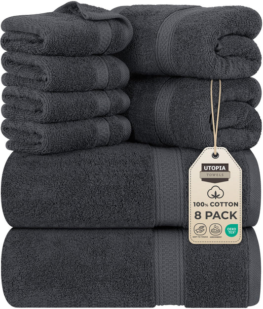 Utopia Towels 8 Piece Towel Set - 2 Bath Towels, 2 Hand Towels and 4 Washcloths Cotton Hotel Quality Super Soft and Highly Absorbent (Gray)
