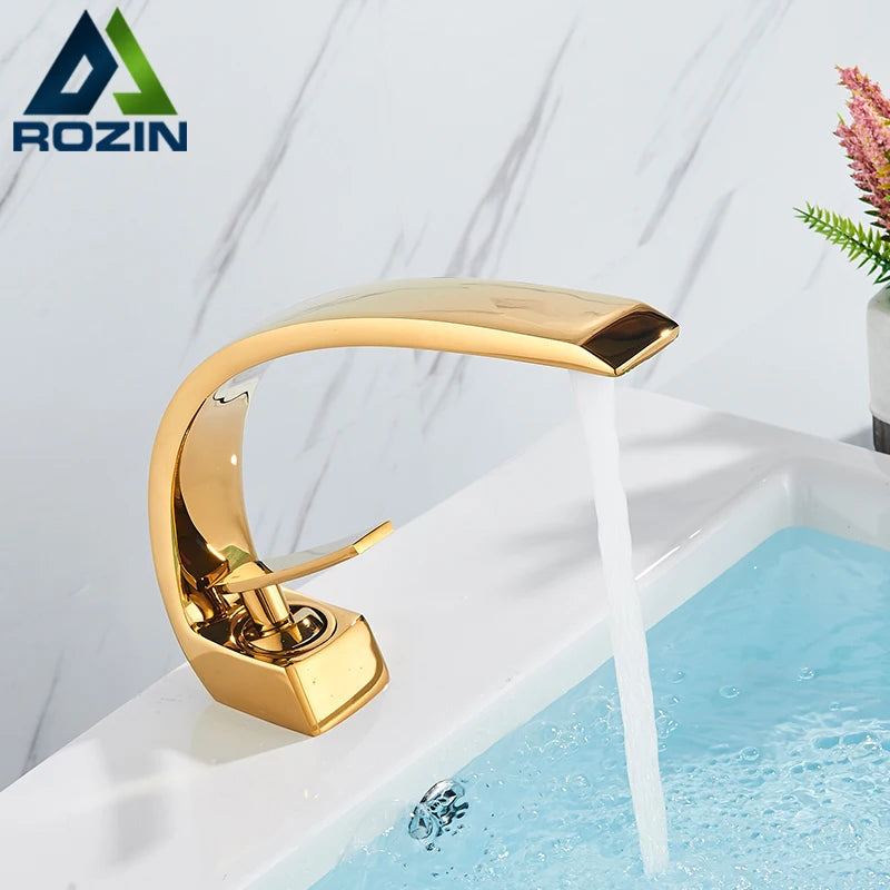 Rozin Black Bathroom Basin Faucet Deck Mounted Single Level Chrome Washing Basin Hot Cold Water Mixer Tap Faucets Luxury Style