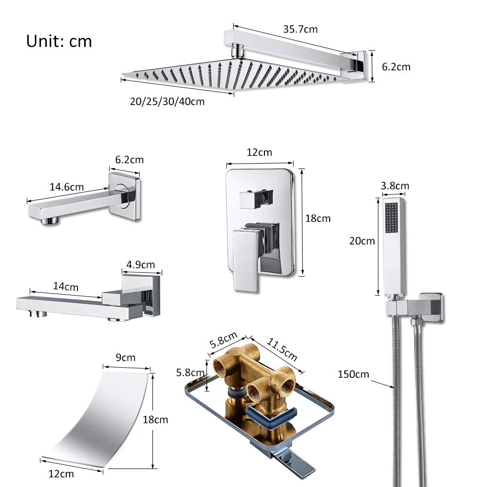 Quyanre Wall Mount Bathroom Rain Waterfall Shower Faucets Set Concealed Chrome Shower System Bathtub Shower Mixer Faucet Tap
