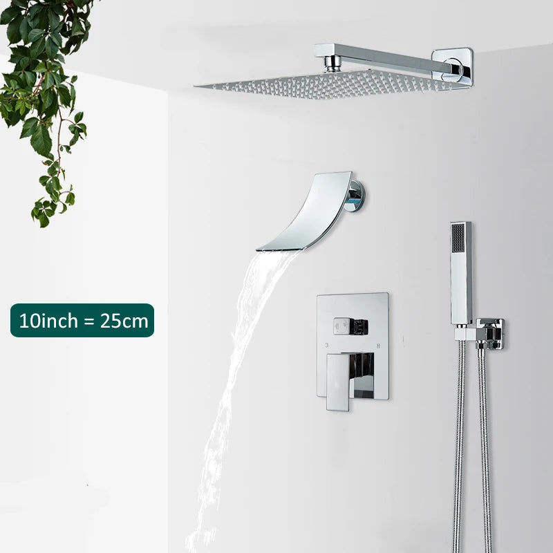 Quyanre Wall Mount Bathroom Rain Waterfall Shower Faucets Set Concealed Chrome Shower System Bathtub Shower Mixer Faucet Tap