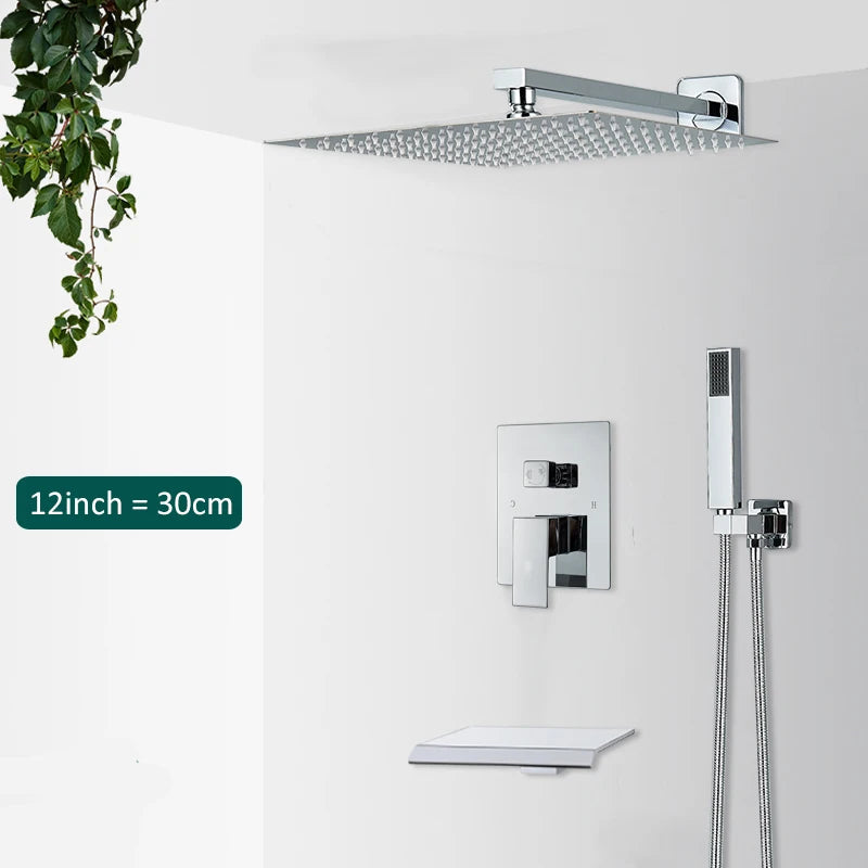 Quyanre Wall Mount Bathroom Rain Waterfall Shower Faucets Set Concealed Chrome Shower System Bathtub Shower Mixer Faucet Tap